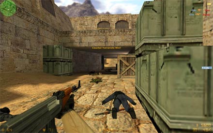 Counter-Strike 1.6 gameplay screenshot number two (terrorist with AK-47 rifle gun) lets download cs from CS-Games.lt, our cs 1.6 client is free of virus and have max fps (frames per second) who will increase your skill and game quality.